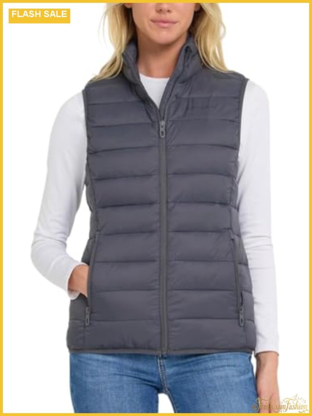 Quilted Puffer Vest Sleeveless Lightweight Zip Front Pockets